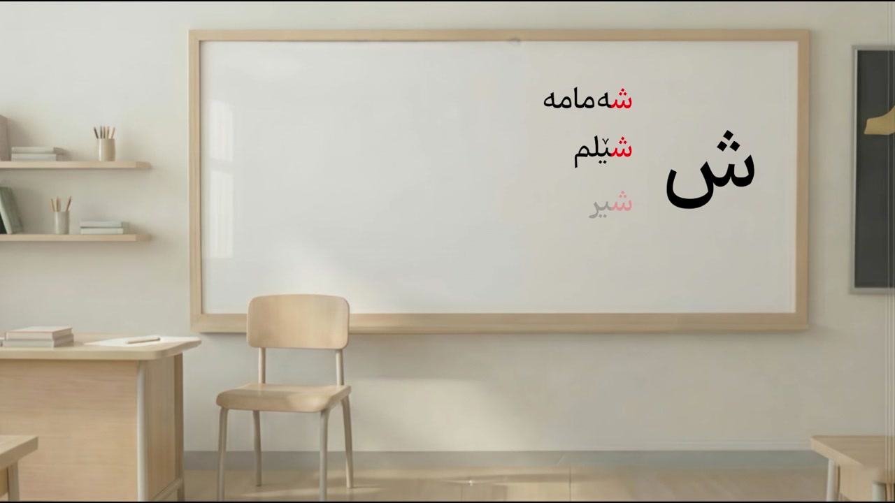 The Kurdish letter ش shown clearly in the alphabet lesson