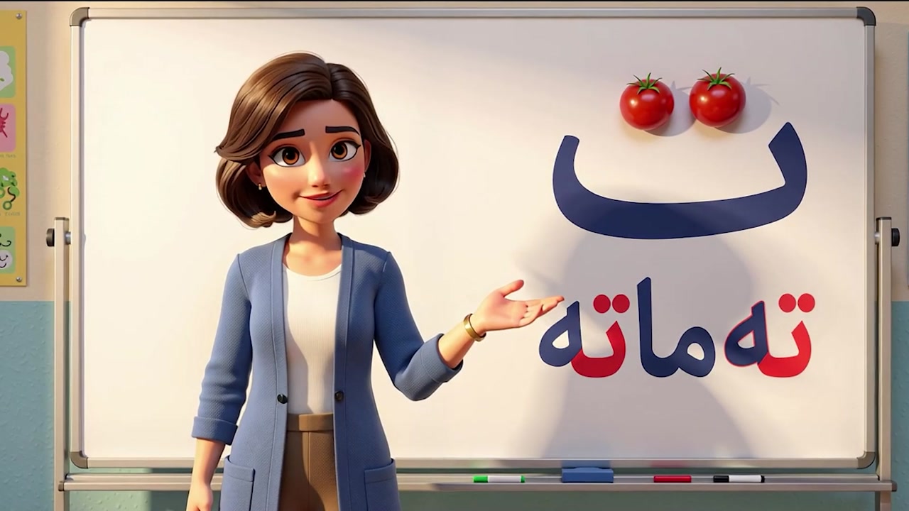 The Kurdish letter ت shown clearly in the alphabet lesson