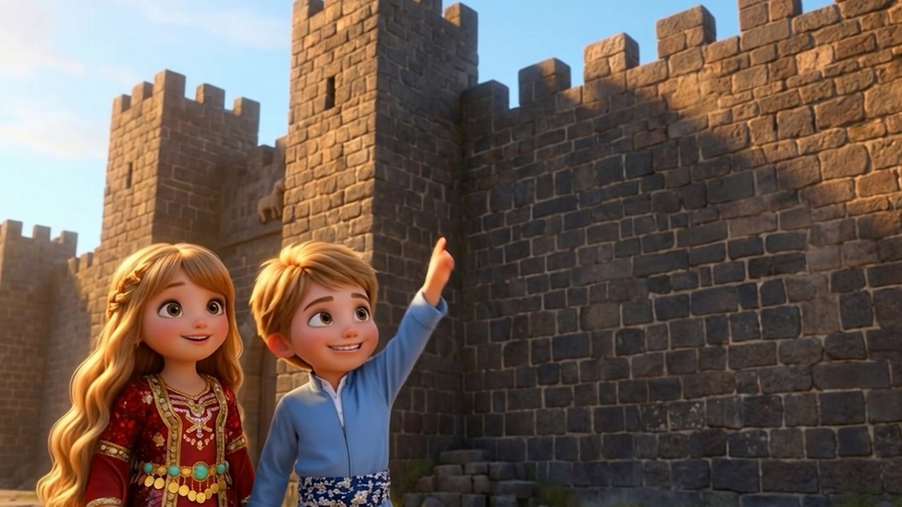Children beside the AI-reconstructed walls of Amed Citadel