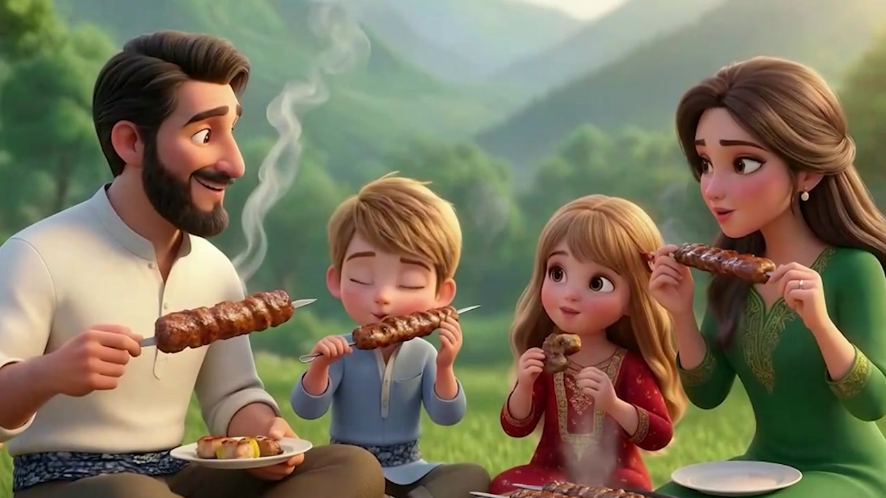 Raz and Rawa sharing kebab with their family
