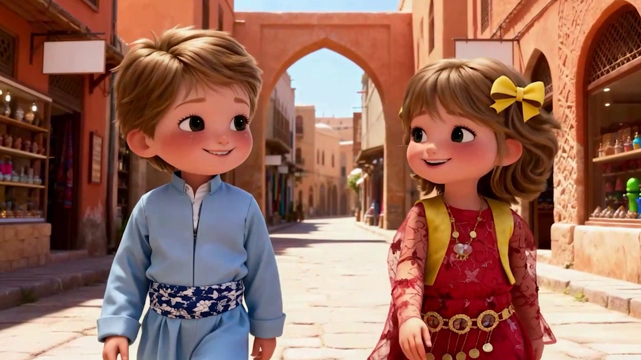 Raz and Rawa walking together in Kurdish clothes